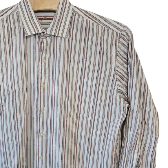 Tommy Bahama XXL Brown Striped Long Sleeve Silk Cotton Button Up Shirt - Picture 1 of 9